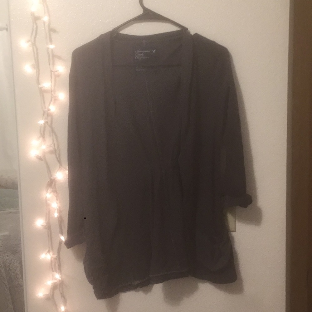 3/4 sleeve charcoal blazer-style cardigan